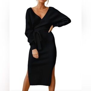 Cutiefox Knit Sweater Dress V Neck Sexy Tie Waist Midi Black Small Holiday Goth